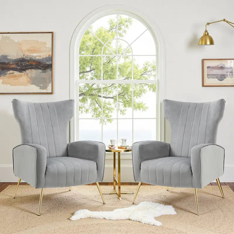 Set of 2 Velvet Wingback Accent Chairs with Gold Metal Legs