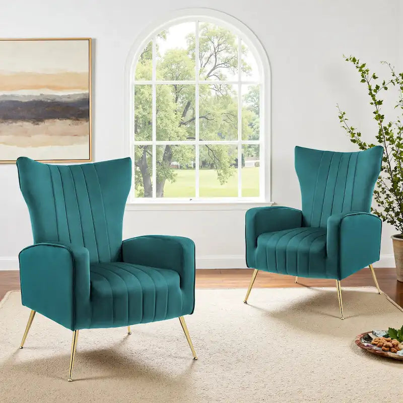 Set of 2 Velvet Wingback Accent Chairs with Gold Metal Legs