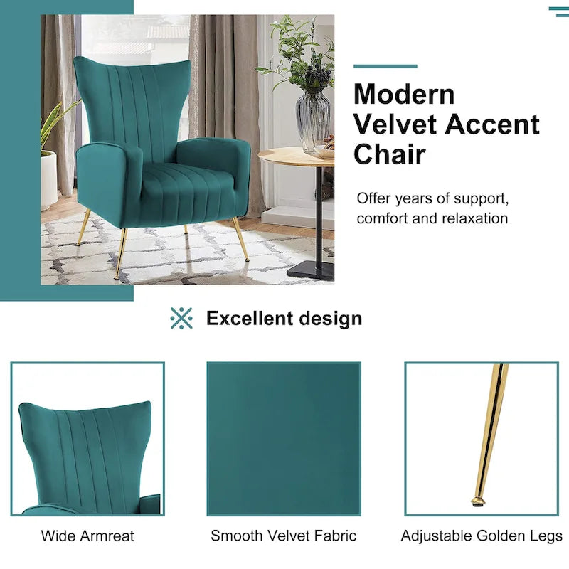 Set of 2 Velvet Wingback Accent Chairs with Gold Metal Legs