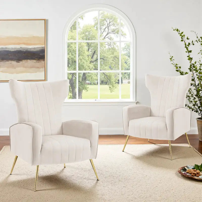 Set of 2 Velvet Wingback Accent Chairs with Gold Metal Legs