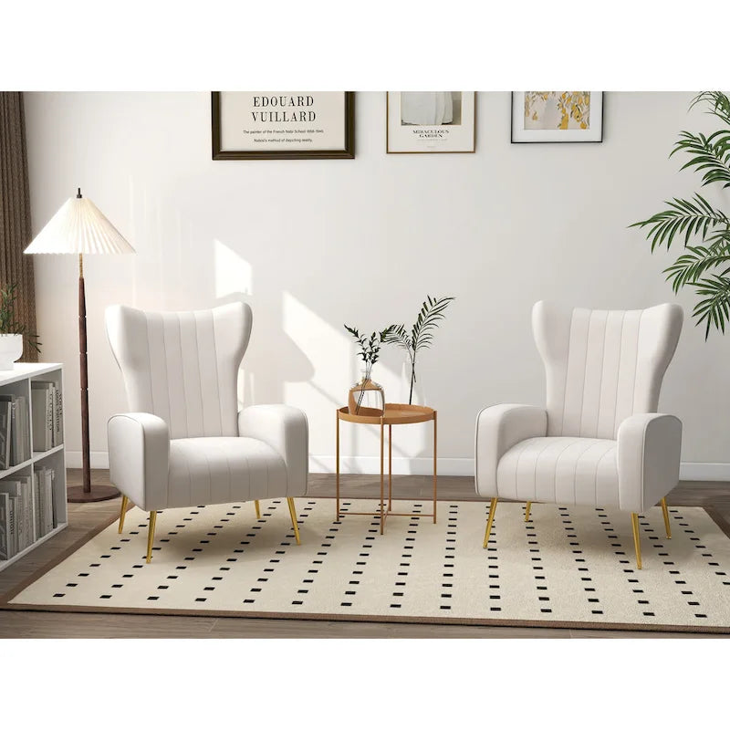 Set of 2 Velvet Wingback Accent Chairs with Gold Metal Legs