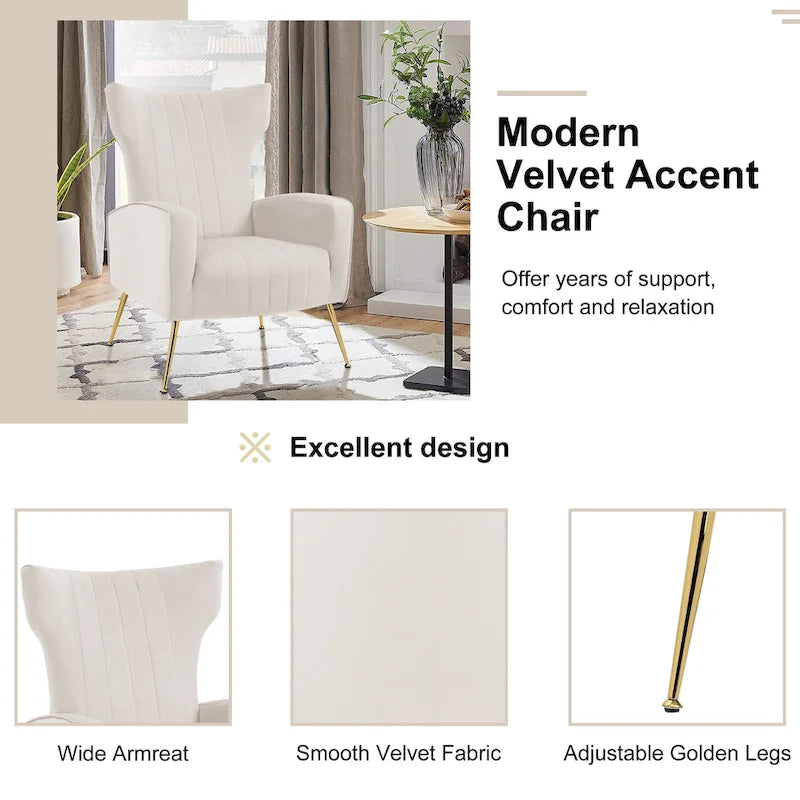 Set of 2 Velvet Wingback Accent Chairs with Gold Metal Legs