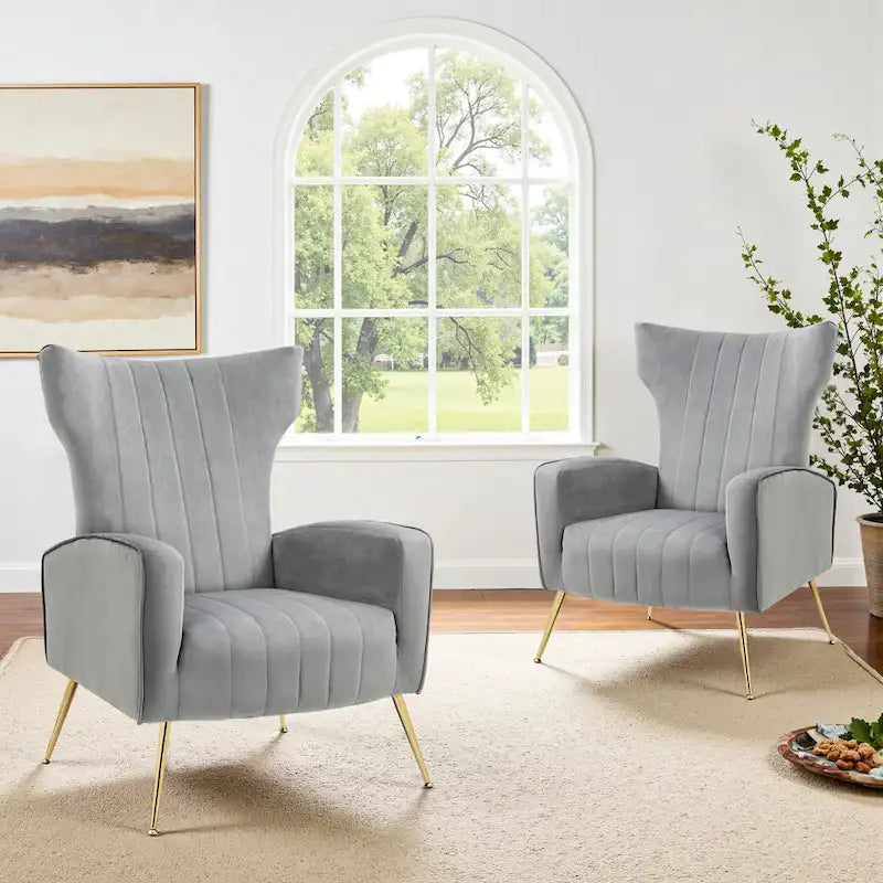 Set of 2 Velvet Wingback Accent Chairs with Gold Metal Legs