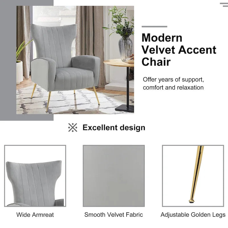 Set of 2 Velvet Wingback Accent Chairs with Gold Metal Legs