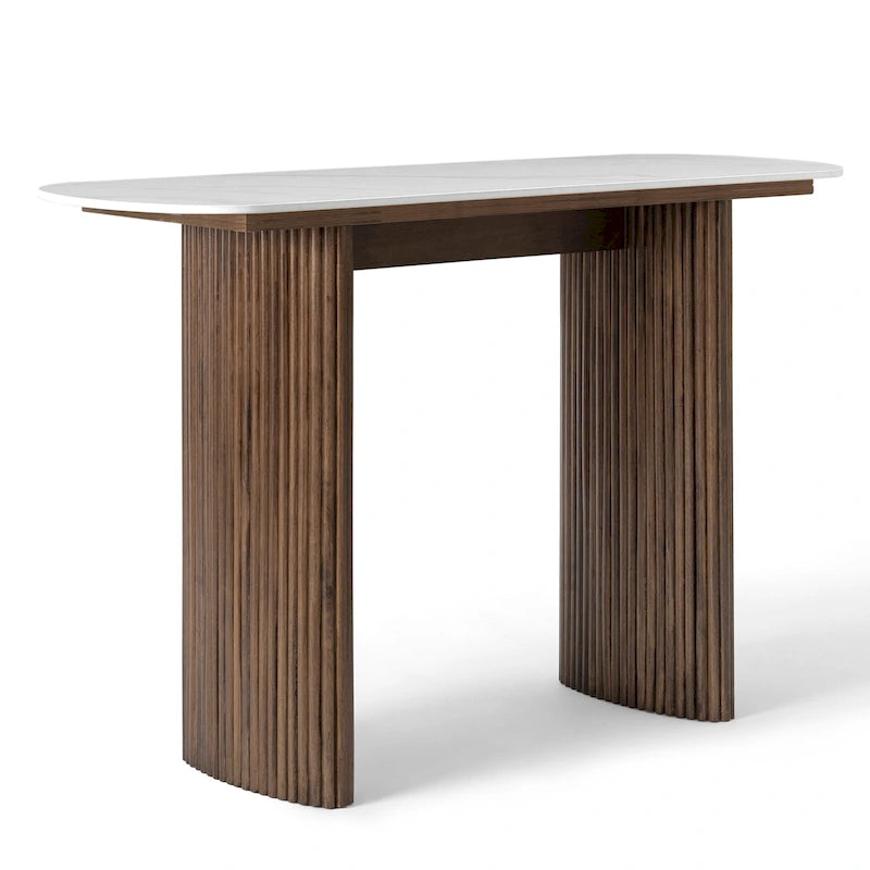 Oval Marble Console Table with Fluted Wood Base