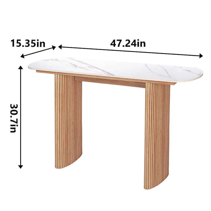 Oval Marble Console Table with Fluted Wood Base