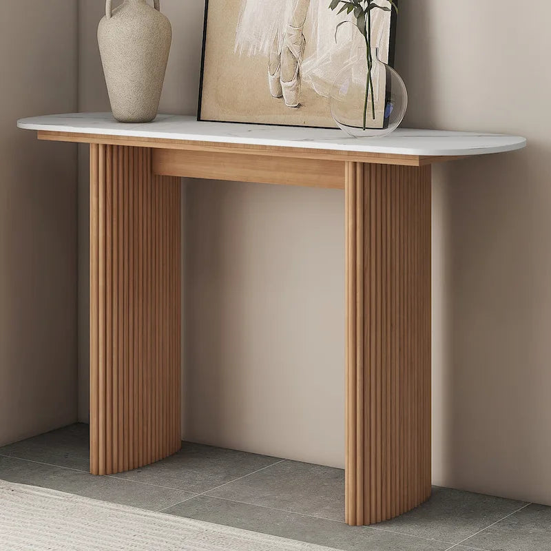Oval Marble Console Table with Fluted Wood Base
