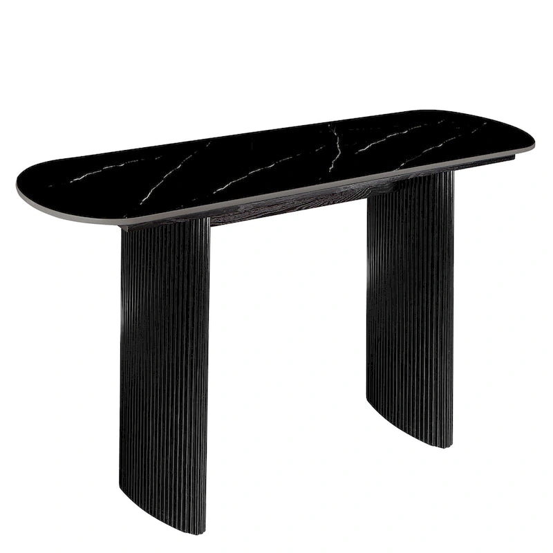 Oval Marble Console Table with Fluted Wood Base