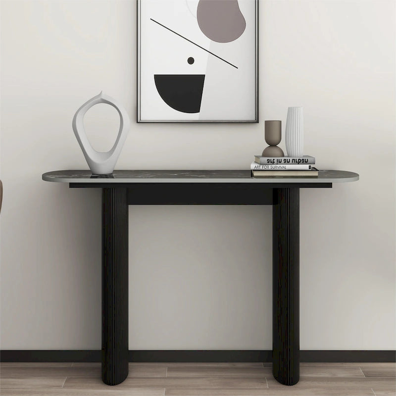 Oval Marble Console Table with Fluted Wood Base