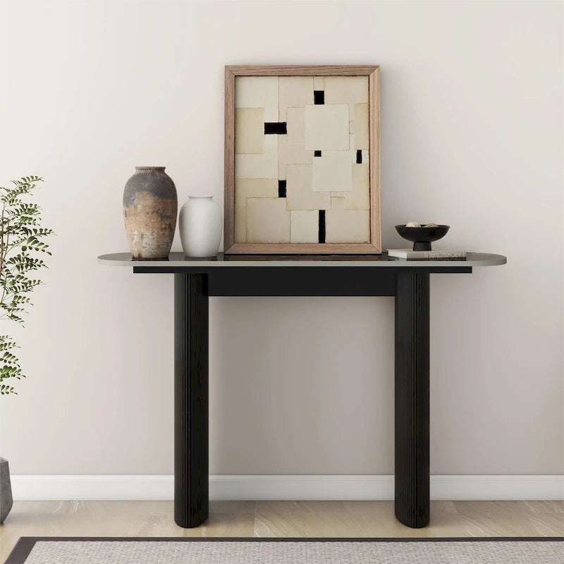 Oval Marble Console Table with Fluted Wood Base