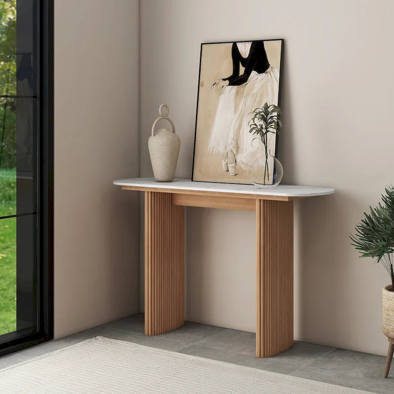 Oval Marble Console Table with Fluted Wood Base