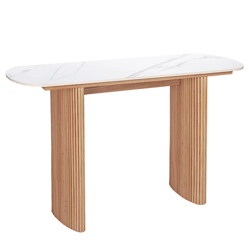 Oval Marble Console Table with Fluted Wood Base
