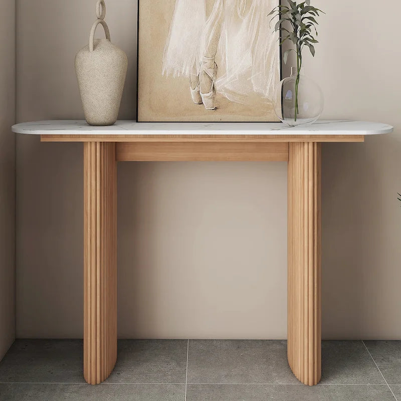 Oval Marble Console Table with Fluted Wood Base