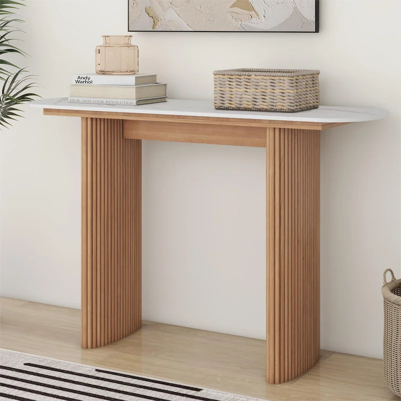 Oval Marble Console Table with Fluted Wood Base