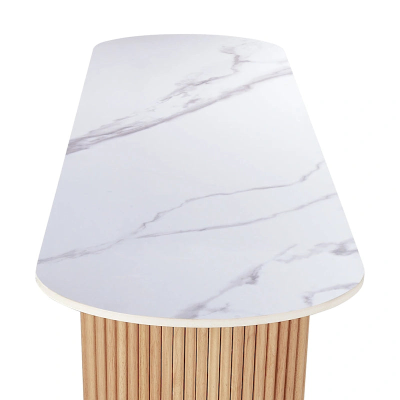 Oval Marble Console Table with Fluted Wood Base