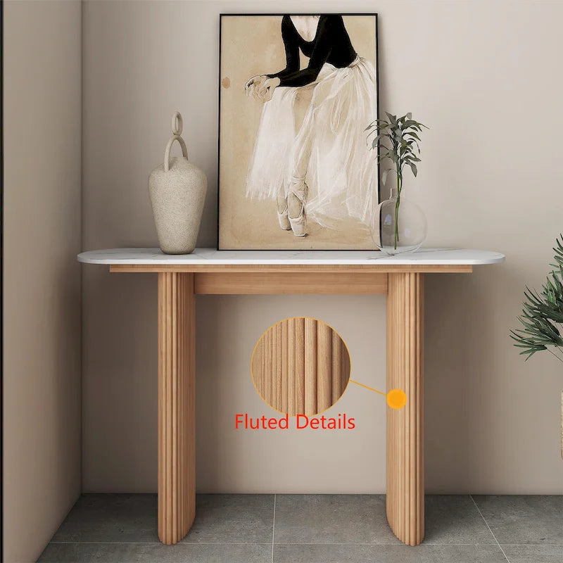 Oval Marble Console Table with Fluted Wood Base