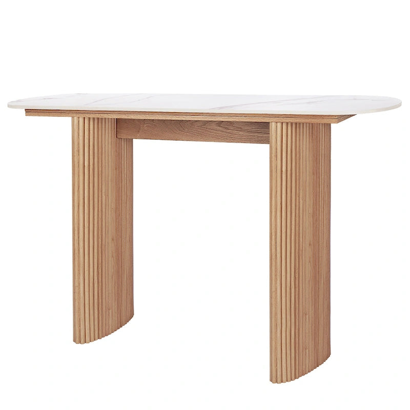 Oval Marble Console Table with Fluted Wood Base