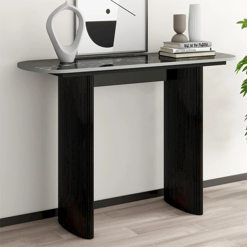 Oval Marble Console Table with Fluted Wood Base