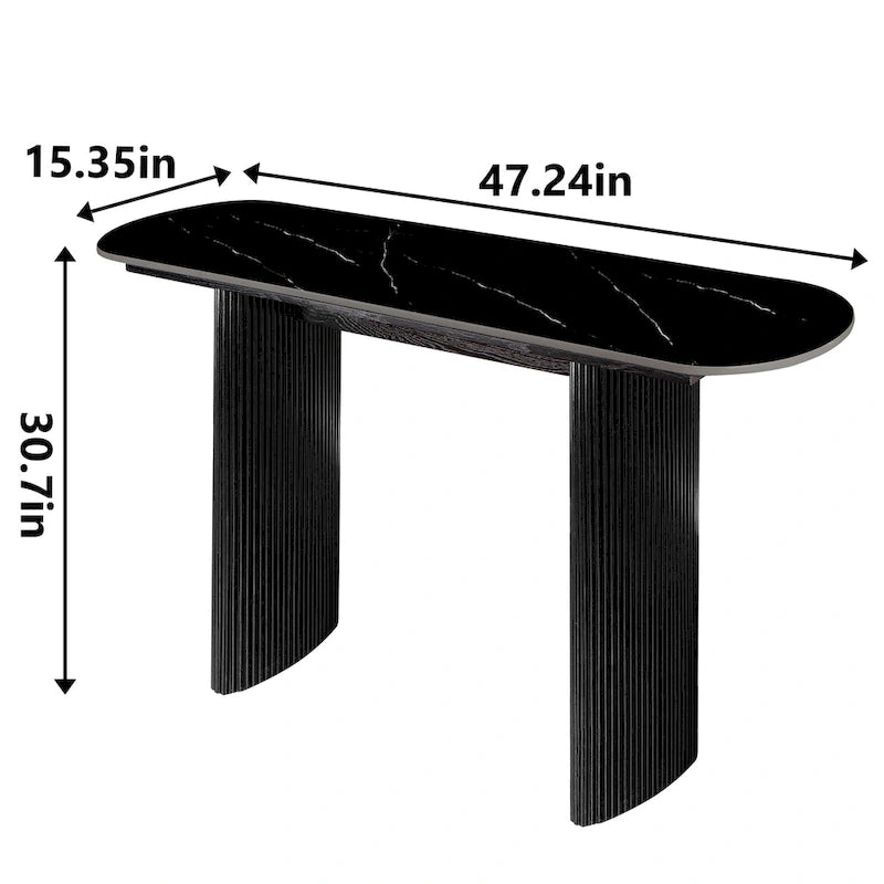 Oval Marble Console Table with Fluted Wood Base