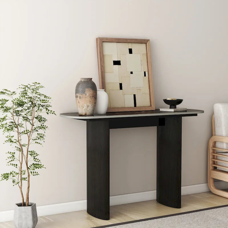Oval Marble Console Table with Fluted Wood Base