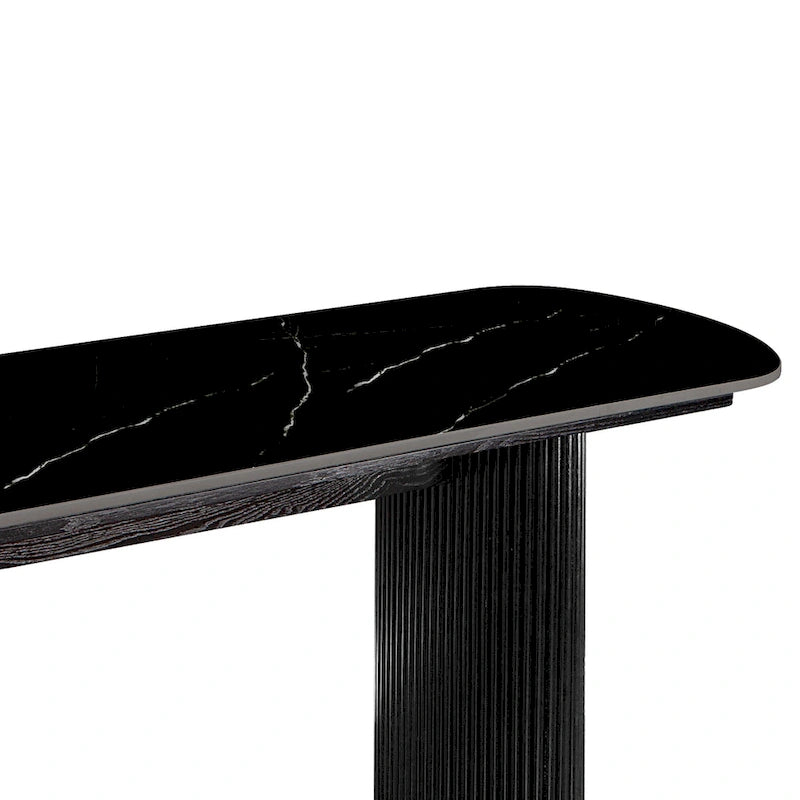 Oval Marble Console Table with Fluted Wood Base