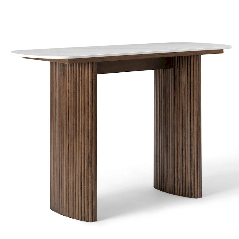 Oval Marble Console Table with Fluted Wood Base