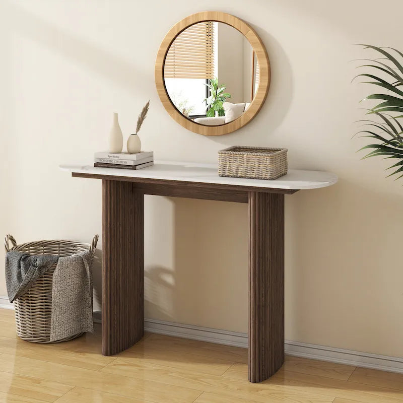 Oval Marble Console Table with Fluted Wood Base