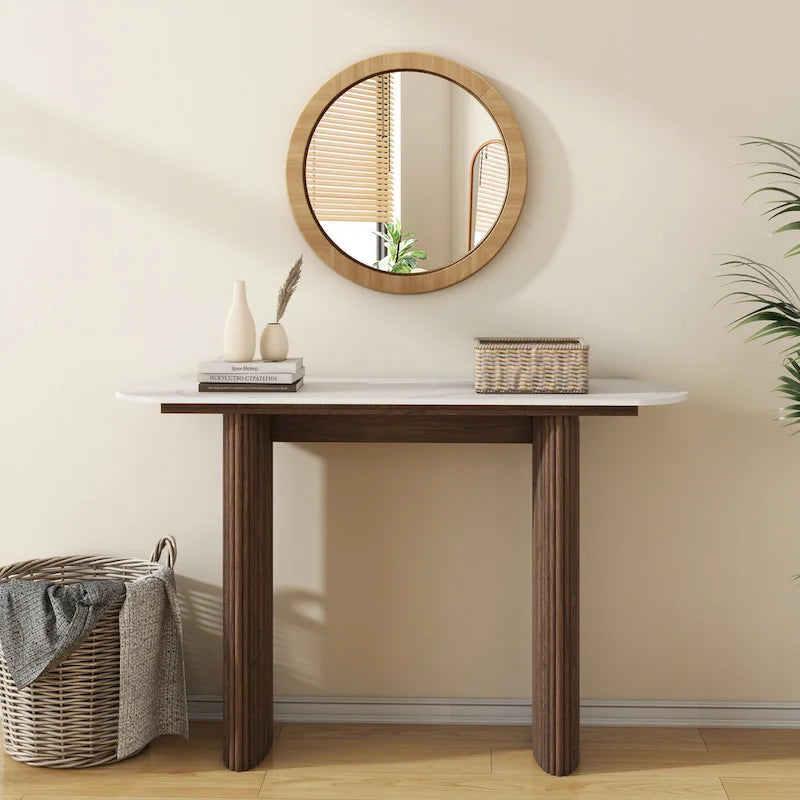 Oval Marble Console Table with Fluted Wood Base