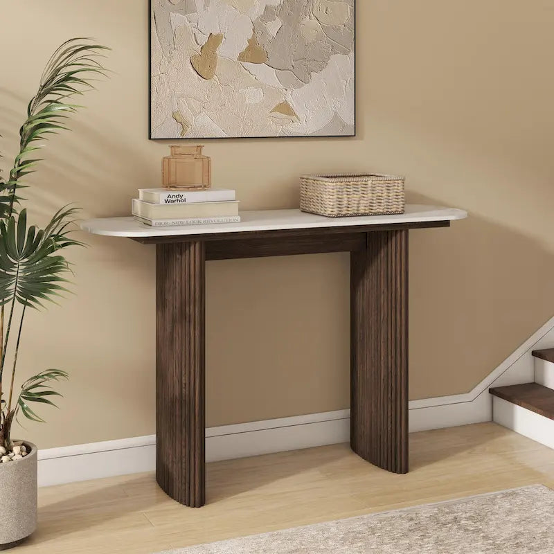 Oval Marble Console Table with Fluted Wood Base