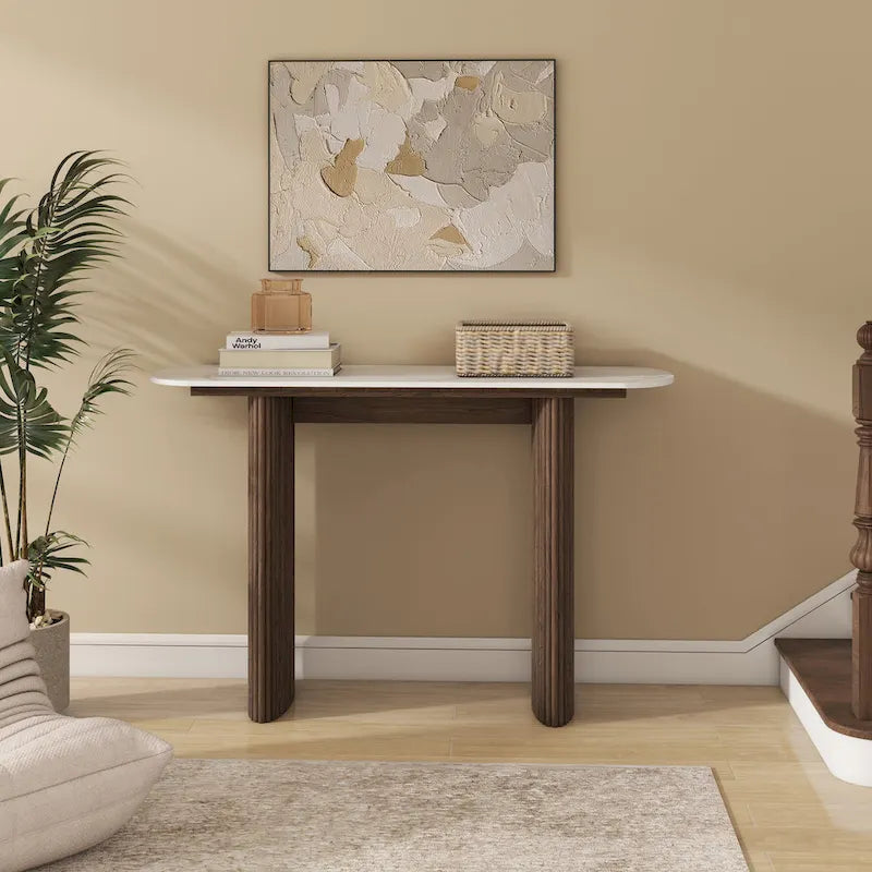 Oval Marble Console Table with Fluted Wood Base