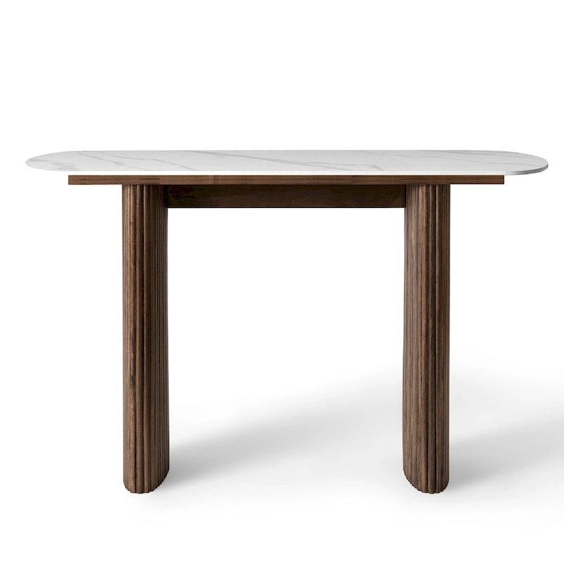 Oval Marble Console Table with Fluted Wood Base