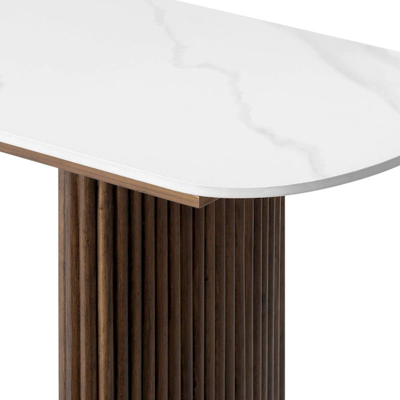 Oval Marble Console Table with Fluted Wood Base
