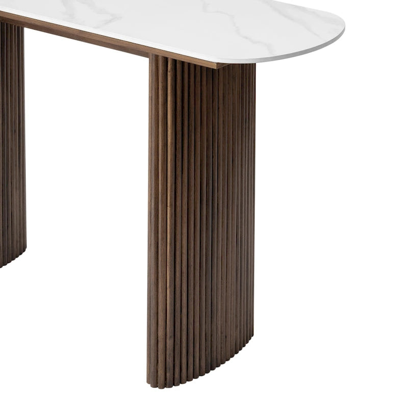 Oval Marble Console Table with Fluted Wood Base