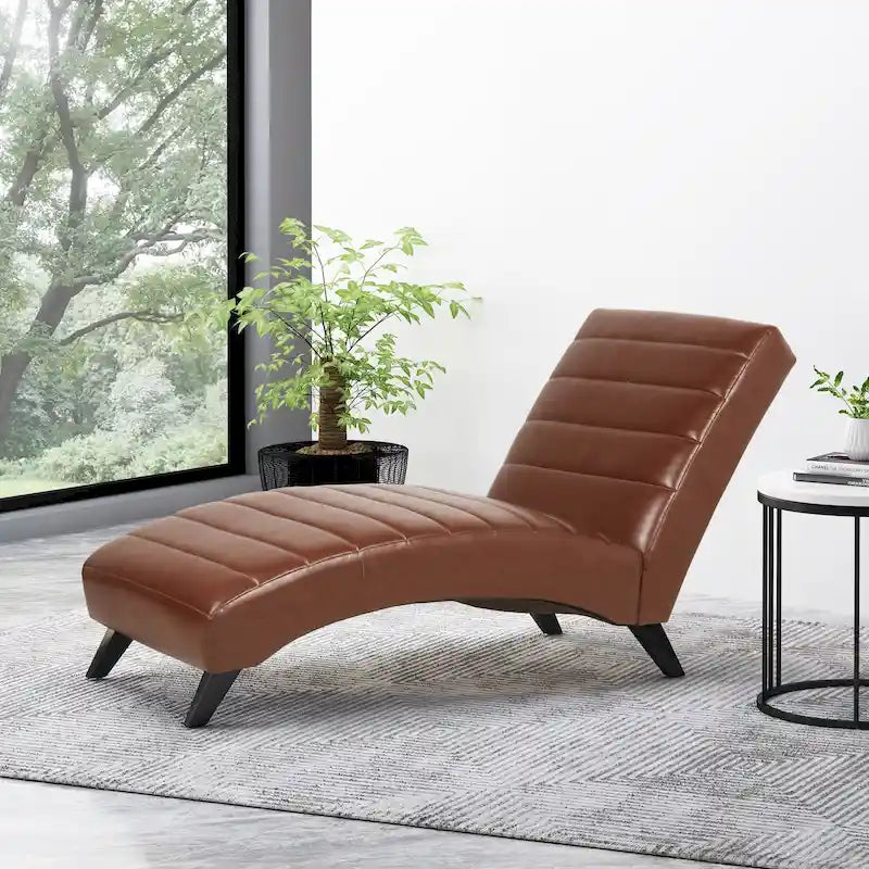 Indoor Faux Leather Channel-Stitched Chaise Lounge