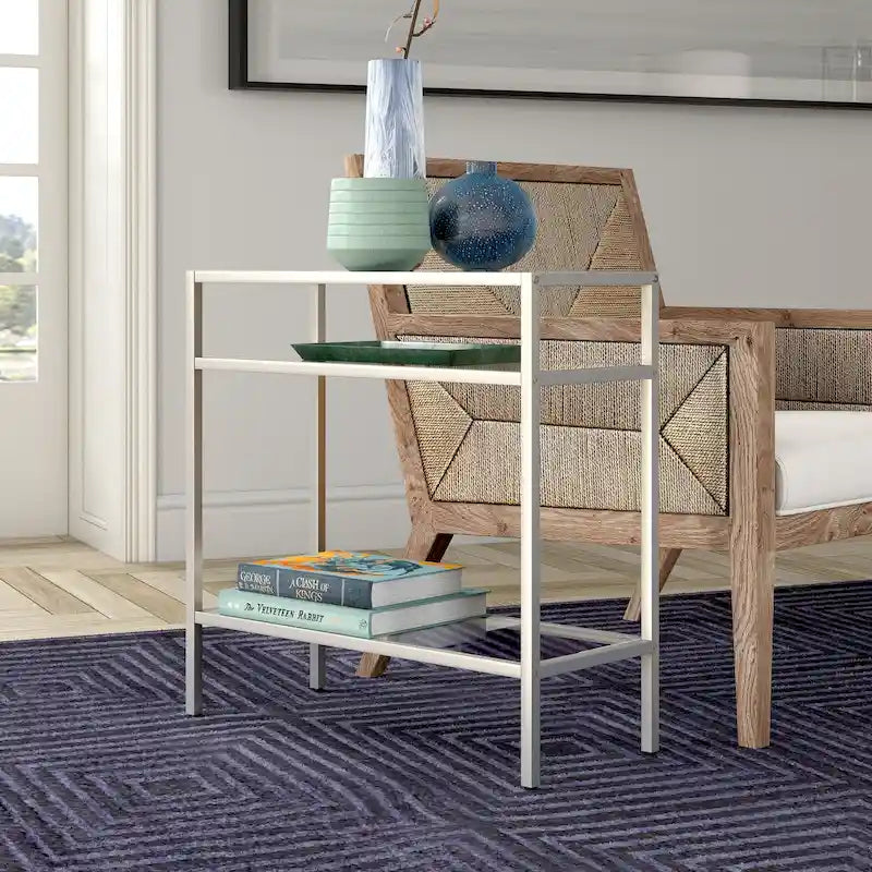 Rectangular Glass Side Table with Storage Shelf