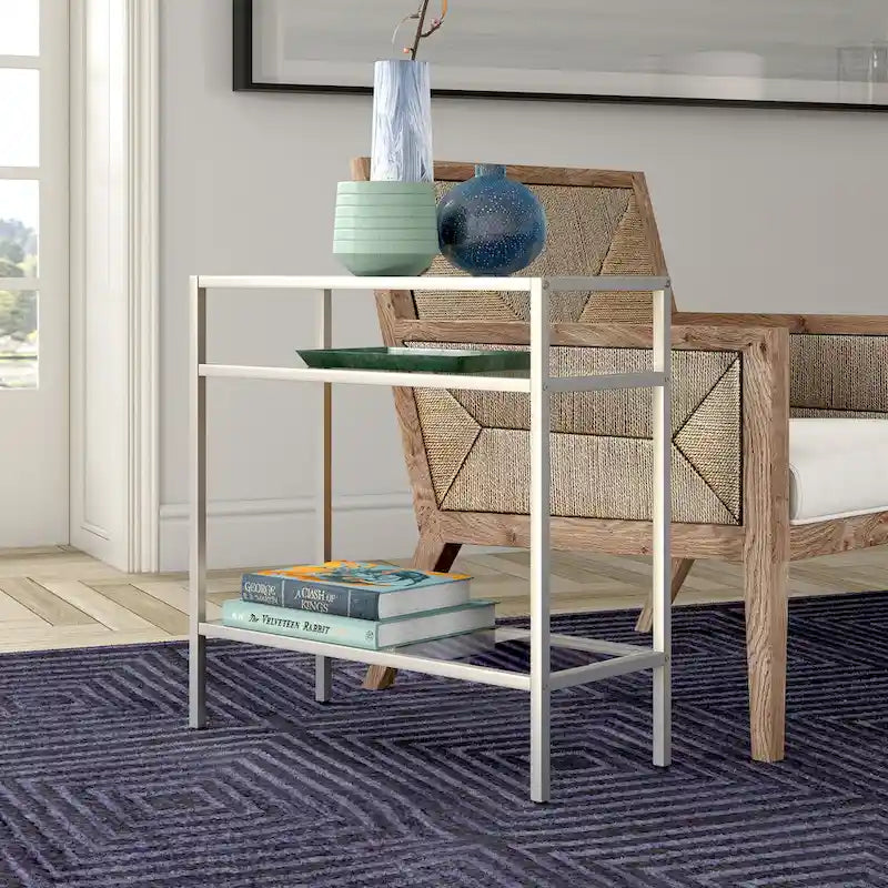 Rectangular Glass Side Table with Storage Shelf