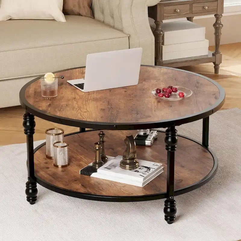 Rustic Round Coffee Table with Two Storage Shelves