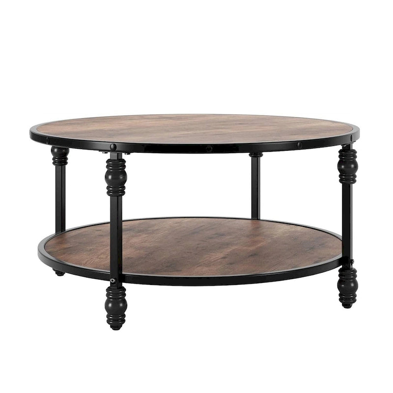 Rustic Round Coffee Table with Two Storage Shelves