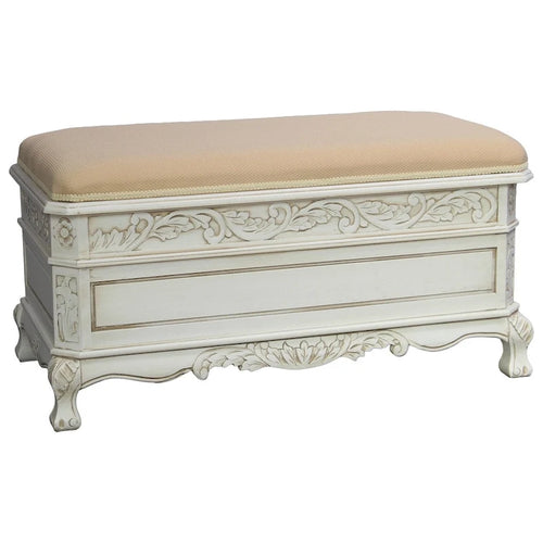 Panca contenitore in legno intagliato bianco antico