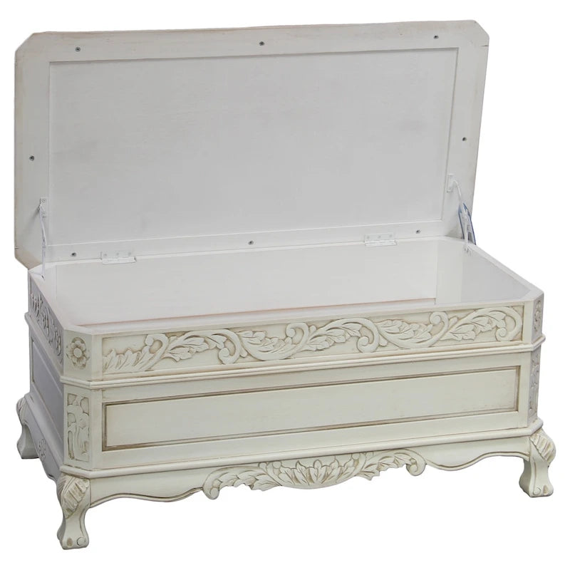 Antique White Carved Wood Storage Bench