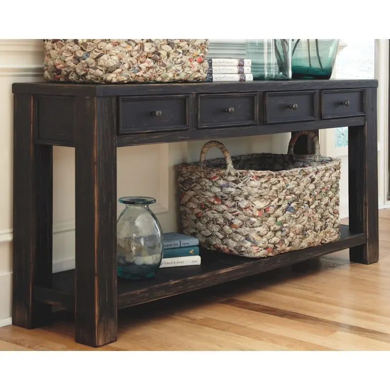 Rustic Black Wood Sofa Table with Four Drawers