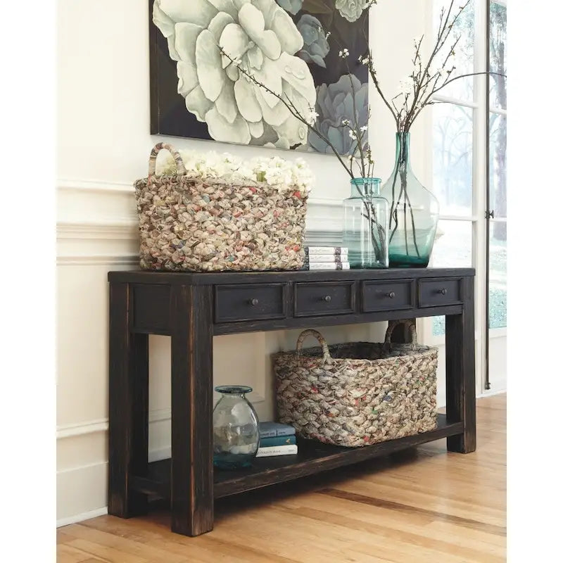 Rustic Black Wood Sofa Table with Four Drawers