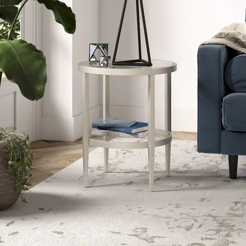 19.63 Wide Round Side Table with Clear Glass Shelf