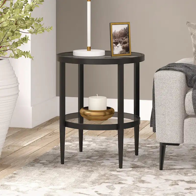 19.63 Wide Round Side Table with Clear Glass Shelf