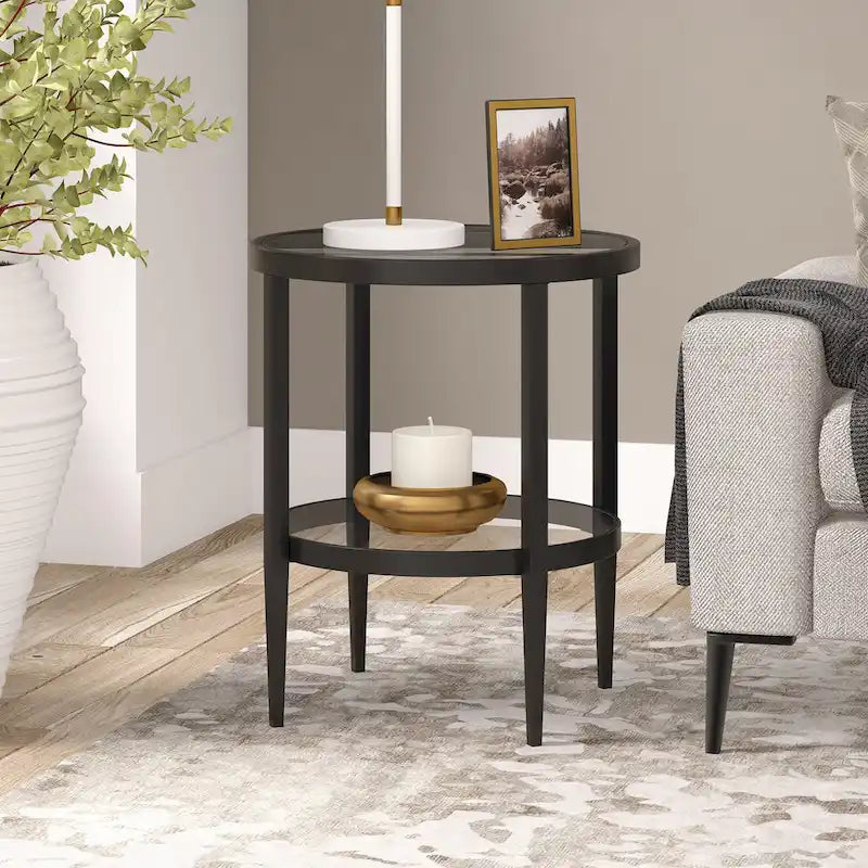 19.63 Wide Round Side Table with Clear Glass Shelf