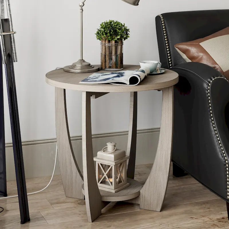 Round Rustic Farmhouse End Table with Storage Shelf