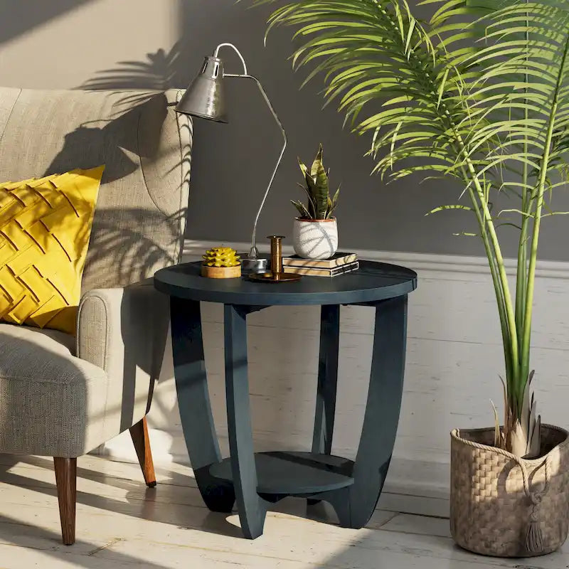 Round Rustic Farmhouse End Table with Storage Shelf