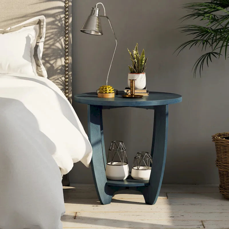Round Rustic Farmhouse End Table with Storage Shelf