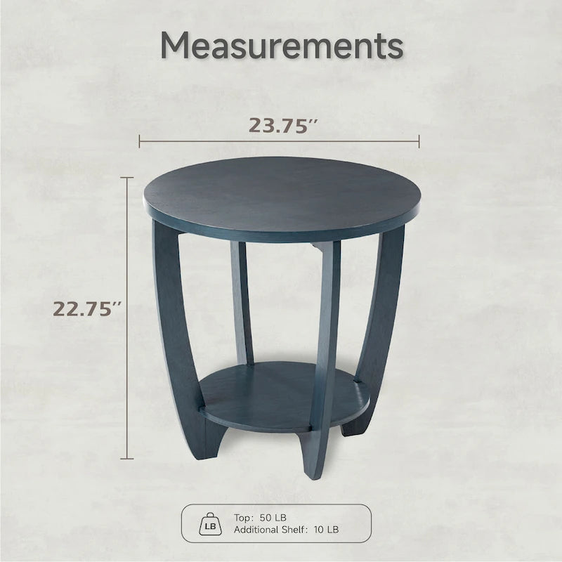 Round Rustic Farmhouse End Table with Storage Shelf