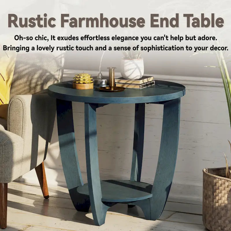 Round Rustic Farmhouse End Table with Storage Shelf